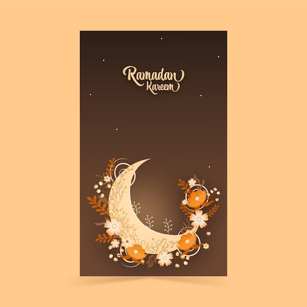 Ramadan Kareem Vertical Banner Design And Crescent Moon Decorated By Beautiful Florals On Brown Background