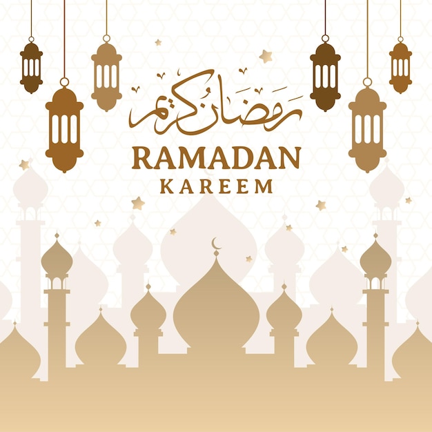 Ramadan kareem on white abstract background with golden lantern and mosque