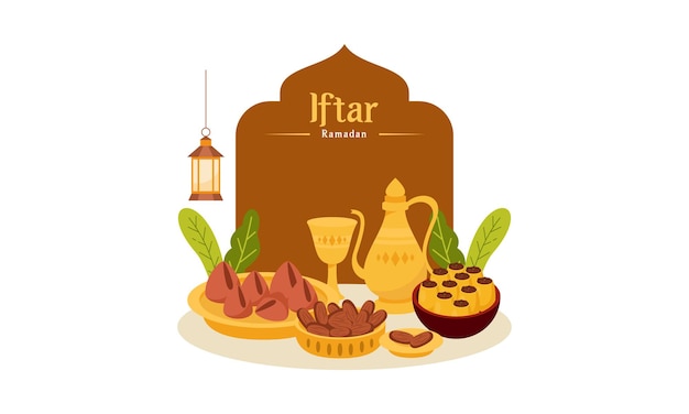 Ramadan Kareem with Iftar Fasting Food Illustration