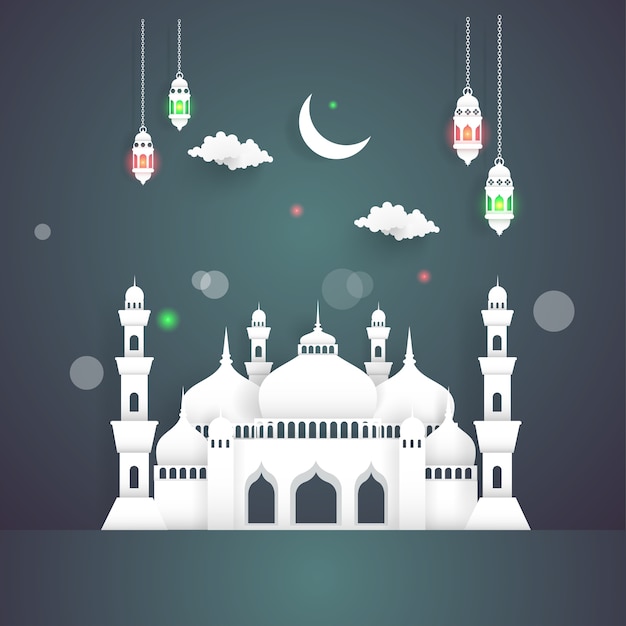 Ramadan Kareem with illustrations of mosques and lanterns at night