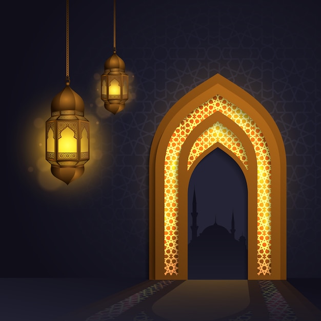 Ramadan Kareem with light lantern islamic mosque