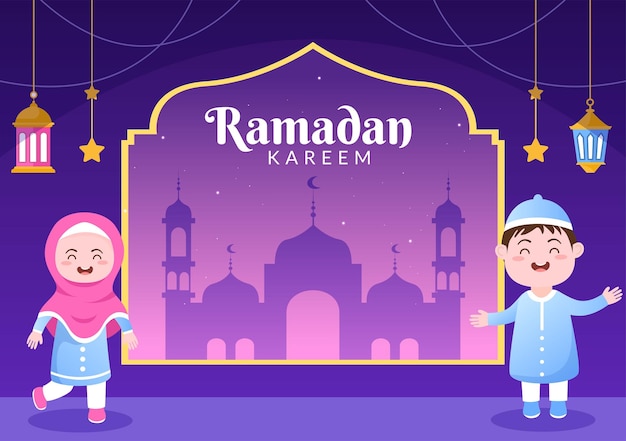 Ramadan Kareem with People Mosque and Moon in Background Illustration for Religious Islamic