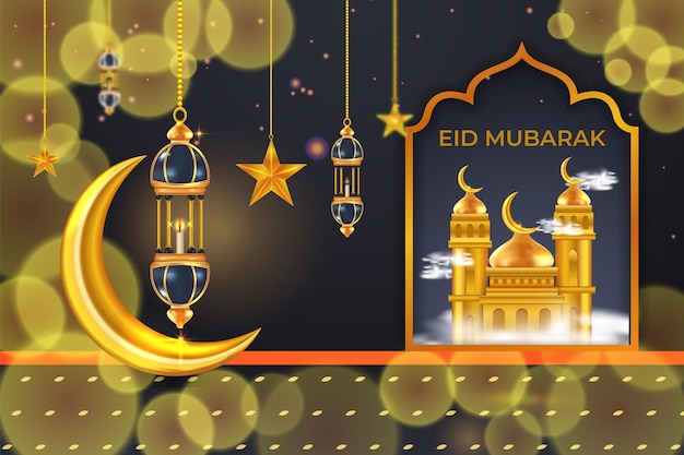 Ramadan Karim eid Mubarak luxury Islamic greeting background with golden lantern and stars