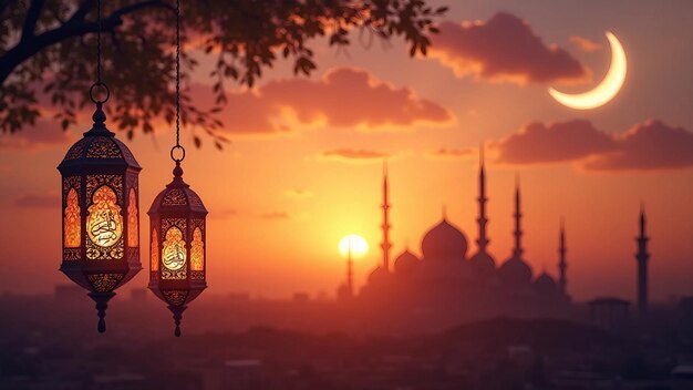 Vector ramadan lantern sunset scene