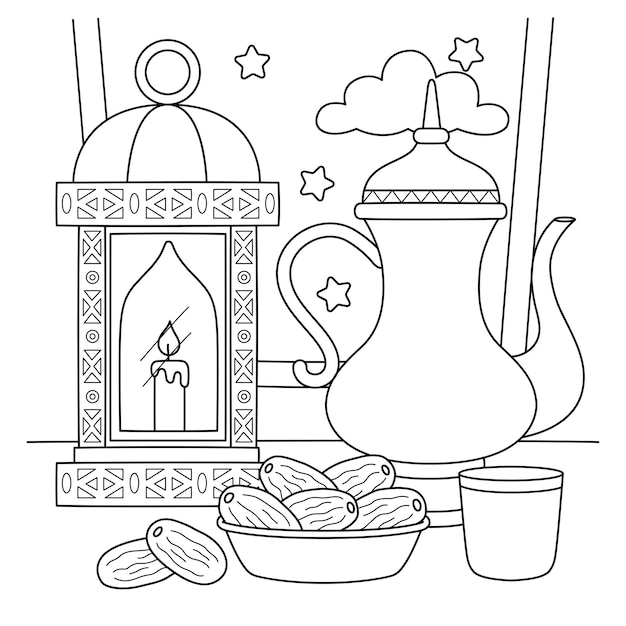 Ramadan Lantern Tea and Dates Coloring Page