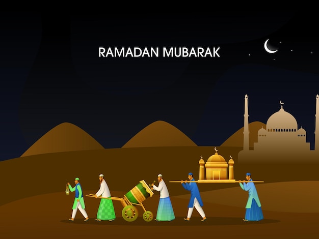 Ramadan Mubarak Celebration Concept with Muslim People Characters Holding Mosque Statue Beating Tabuh Bedug Drum on Desert Nighttime Background