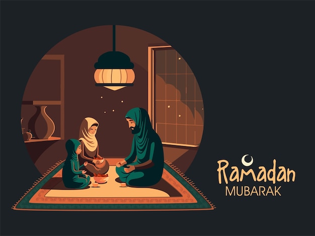 Ramadan Mubarak Concept With Muslim Family Enjoying Delicious Meals Together At Home And Lit Ceiling Lamp