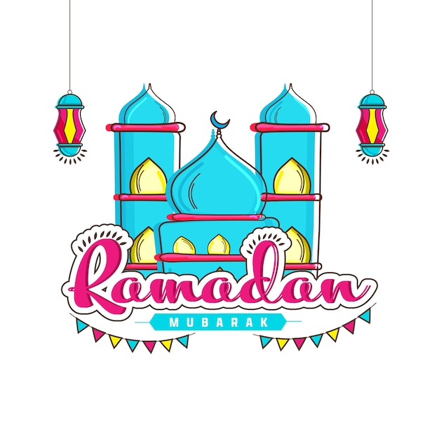 Ramadan Mubarak Font With Bunting Flags Mosque Illustration And Lanterns Hang On White Background