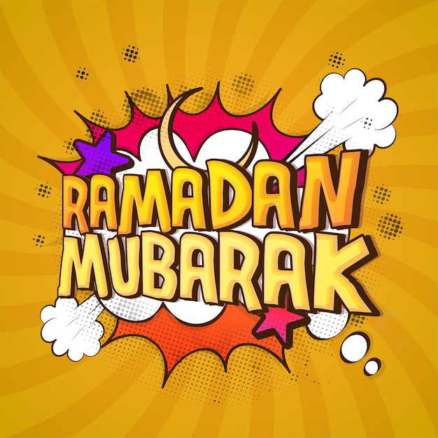 Ramadan Mubarak Font With Crescent Moon Stars On Pop Art Style Background