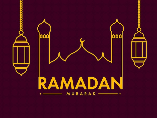 Ramadan Mubarak Greeting Card Design with Yellow Linear Style Mosque and Hanging Lanterns on Dark Pink Islamic Pattern Background