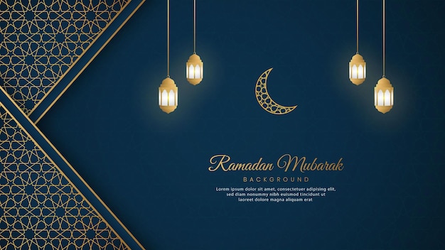 Ramadan Mubarak Islamic Arabic Blue Luxury Background with Golden Pattern Border Frame