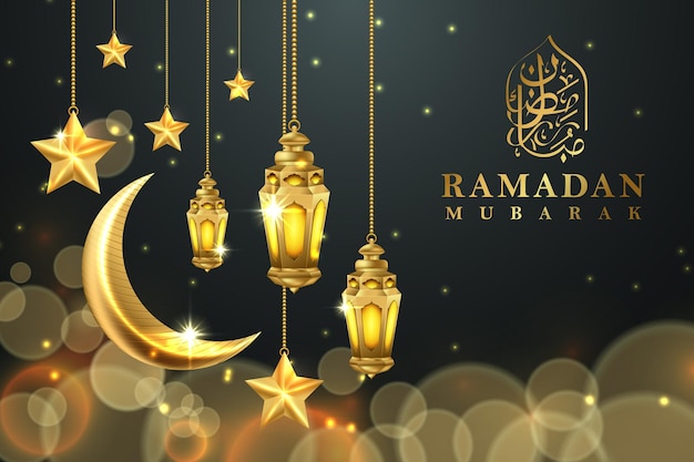 Ramadan Mubarak Luxury Islamic Greeting Background With Decorative Ornament Golden Lantern And Star