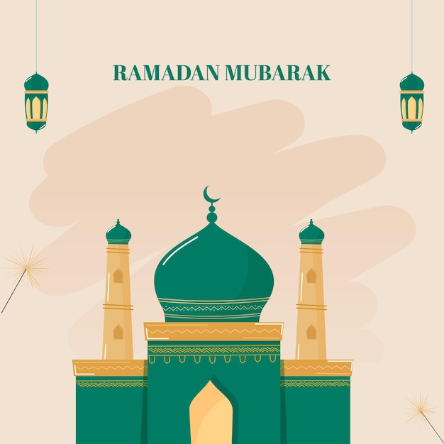 Ramadan Mubarak Poster Design With Mosque Illustration, Sparkling Sticks And Arabic Lanterns Hang On Peach Background.