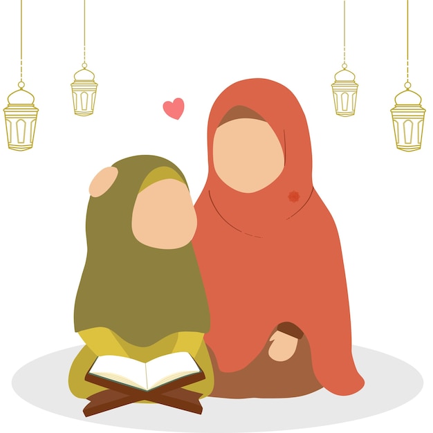 Ramadan mubarak vector illustration with mother teaches her daughter to read quran