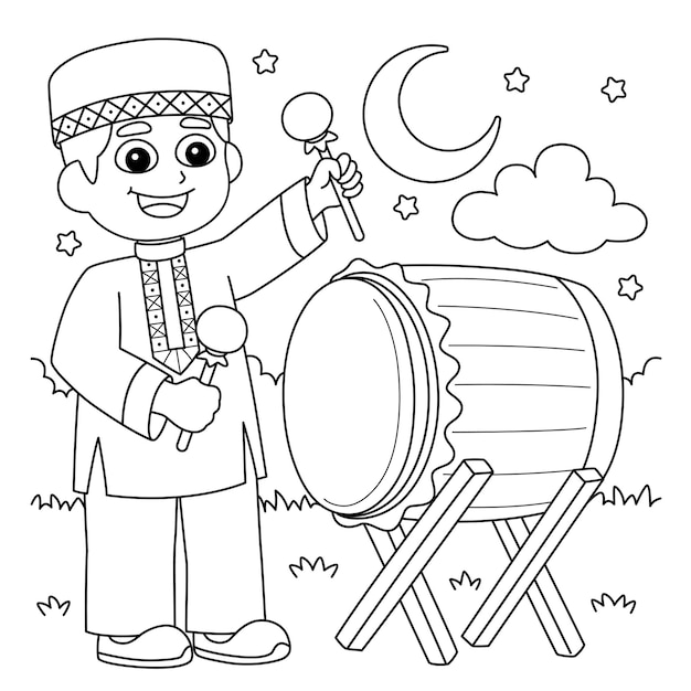 Ramadan Muslim Boy Playing Drum Coloring Page