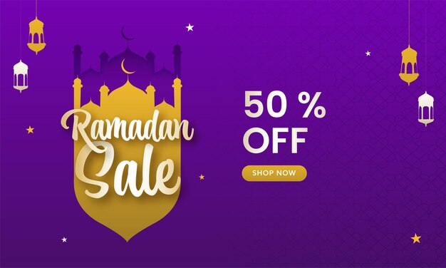 Vector ramadan sale banner design with 50 discount offer silhouette mosque stars and lanterns hang on purple moroccan pattern background