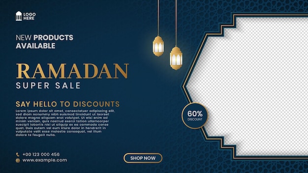 Ramadan Sale Banner Social Media Post With Islamic Arabic Pattern and Empty Space for Photo