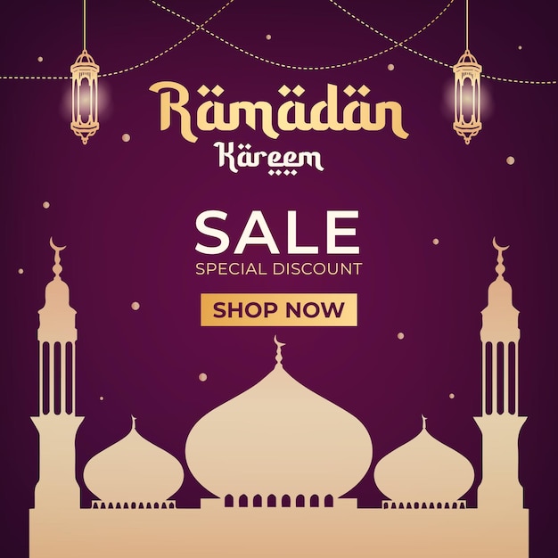 Ramadan sale banner social media post with mosque silhouette illustration template