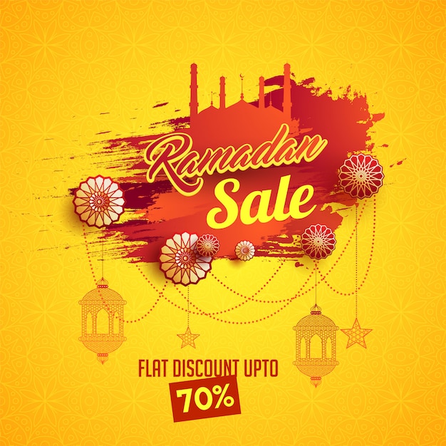 Ramadan Sale concept with hanging lanterns, floral pattern, and mosque.