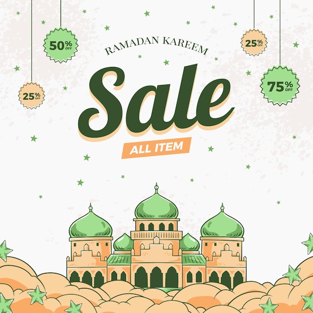 Ramadan sale hand drawn islamic illustration banner background vector