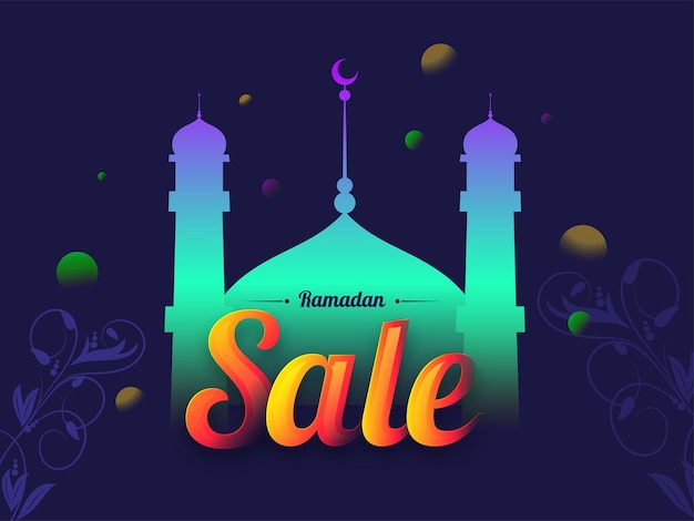 Ramadan Sale Poster Design With Gradient Mosque And Flourish On Blue Background