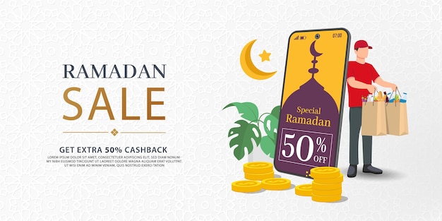 Ramadan Sale web banner design with beautiful crescent moon in golden and purple color and space