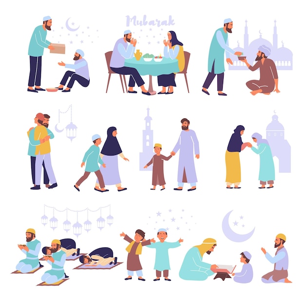 Vector ramadan set with flat icons muslim symbols and isolated images of praying people with temple silhouettes vector illustration