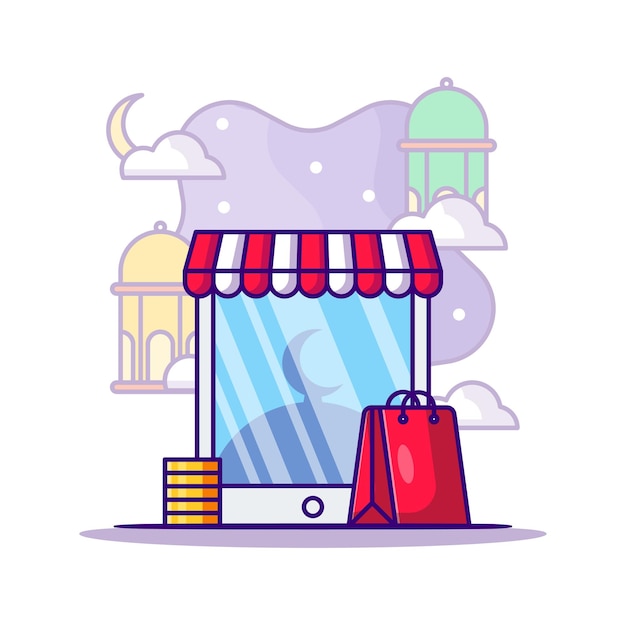 Ramadan Shopping on Mobile Smartphone Cartoon Illustration