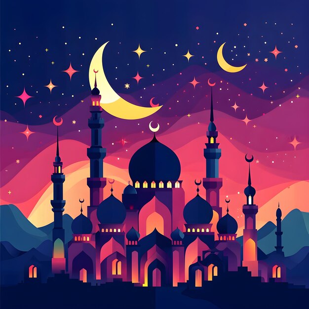 Vector ramadan starry night over the oriental mosque a celestial silhouette a series of illuminated sanctua