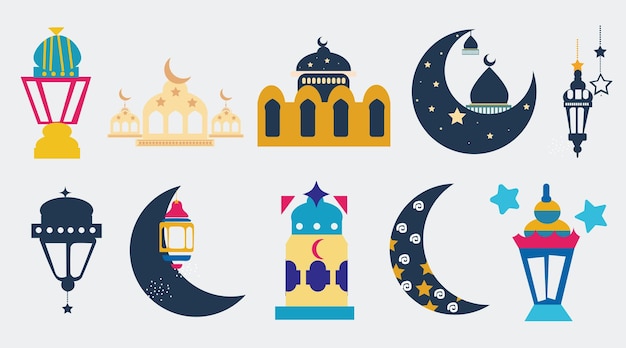 Ramadan stickers collection set cartoon style flat design Premium Vector