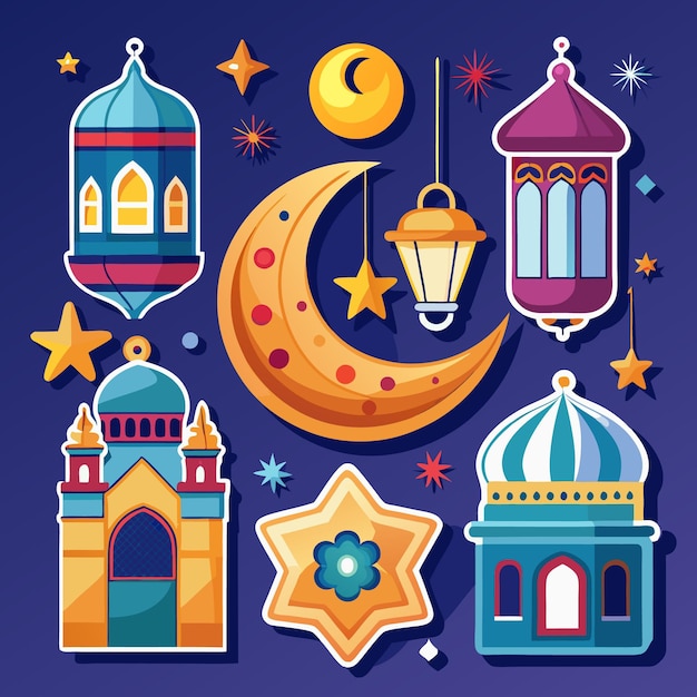 Vector ramadan stickers with mosques and lanterns