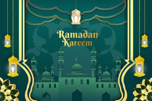 Ramadan stylish Islamic background green and gold luxury color with mosque