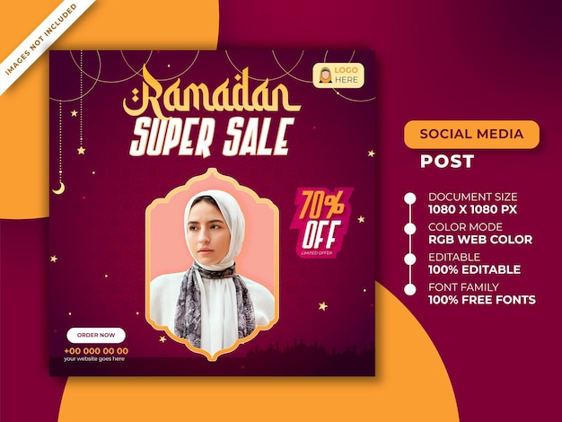 Ramadan Super Sale Purple Color Social Media Post Promotion Design Premium Template EPS