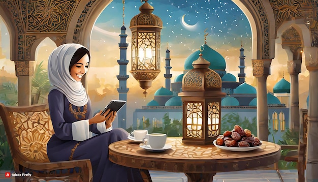 Ramadan with technology featuring traditional Ramadan lanterns dates and traditional Arabic