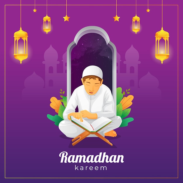 Ramadhan greetings card with kid reading Quran