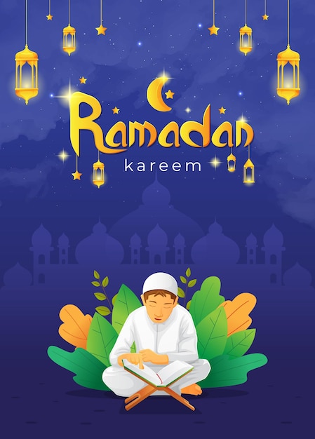 Ramadhan kareem greetings card with kid reading quran