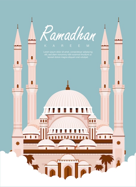 Ramadhan Kareem Vector Illustration with Four Pillars Mosque in the Background