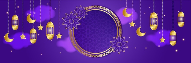 Ramadhan lantern purple gold colorful wide banner design background