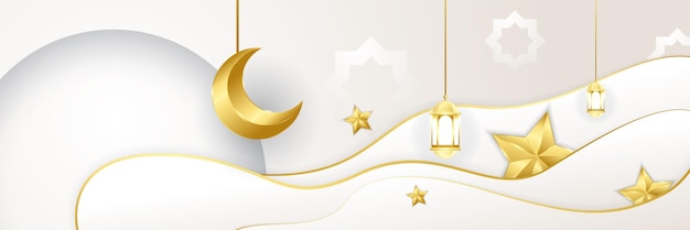 Ramadhan white colorful wide banner design background Islamic ramadan kareem banner background with crescent pattern moon star mosque lantern Vector illustration