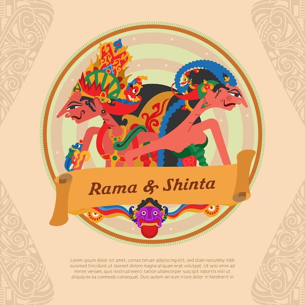 Ramayana sanskrit epic love story idea design with ethnic vibes wayang rama shinta shadow puppet illustration