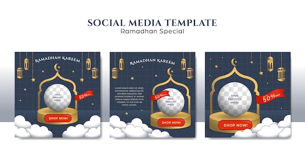 Ramdhan kareem special instagram social media square post template set with podium for product showcase promotion ad