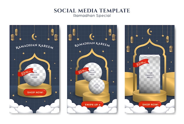 Ramdhan kareem special instagram social media story post template set with podium for product showcase promotion ad