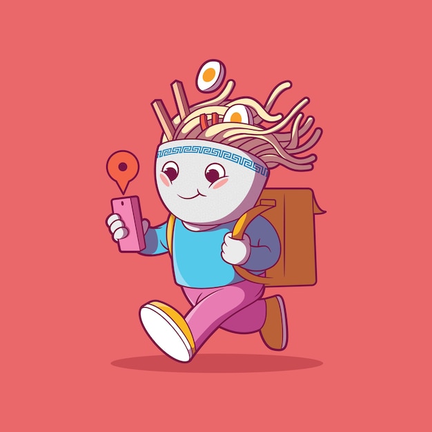 Ramen bowl character delivering food vector illustration Food mascot business design concept