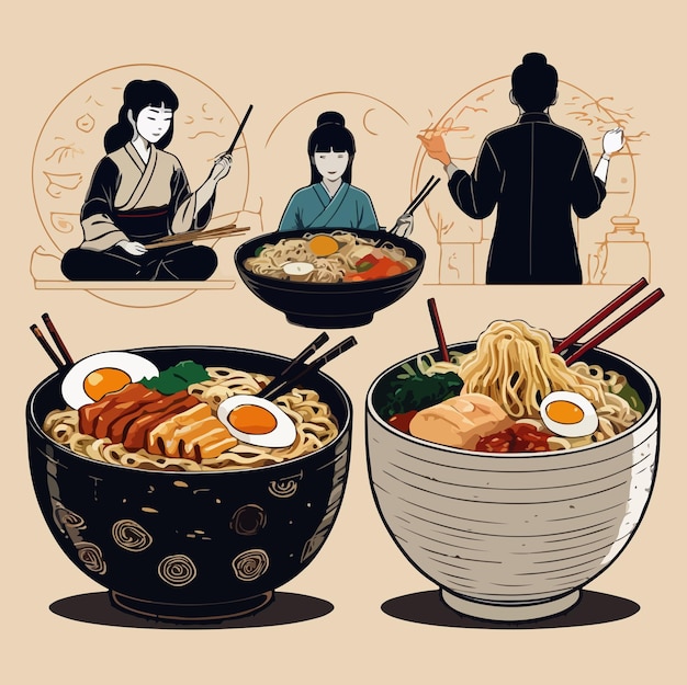 Ramen hand drawn collection bowls with asian noodles people eating noodle soup with chopsticks ch