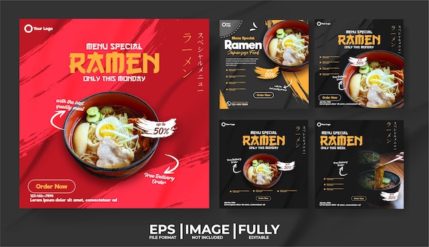 Vector ramen japannese food menu template with food pattern background collection