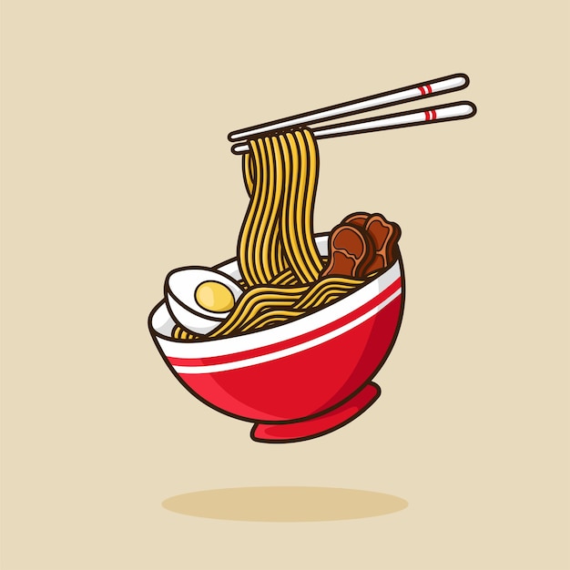 Ramen Noodle Bowl egg and meat with chopstick vector cartoon