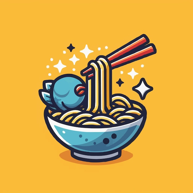 Ramen noodle fish with chopstick cartoon vector icon illustration food object icon concept isolated