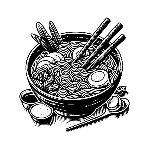 Ramen noodle illustration hand drawn Ramen black and white vector illustration isolated white background