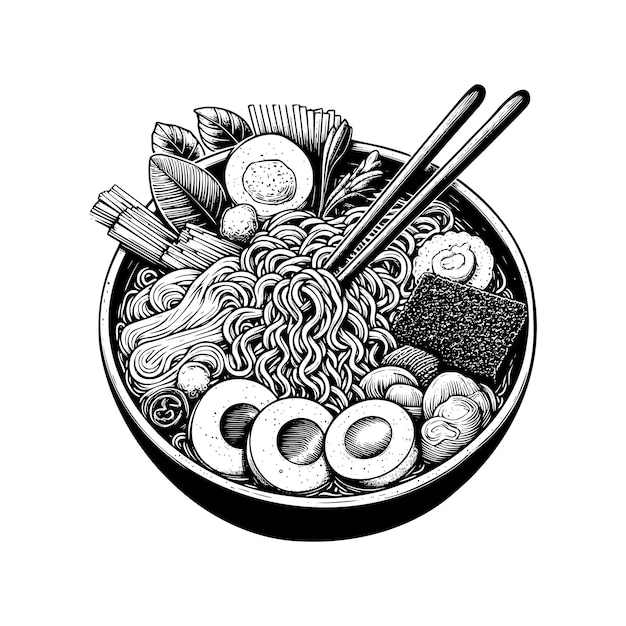 Ramen noodle illustration hand drawn Ramen black and white vector illustration isolated white background