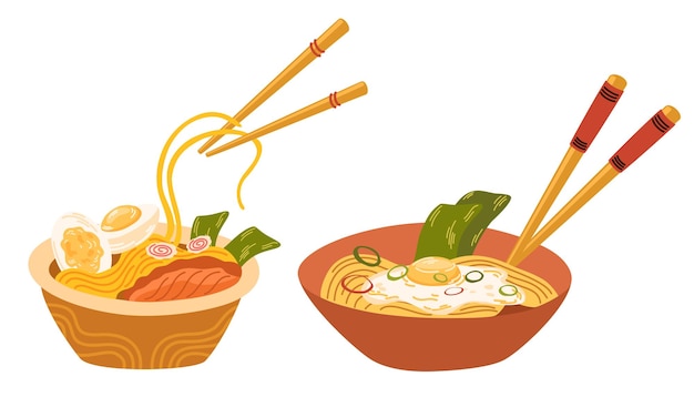 Ramen noodle set Asian Food Ramen noodle with egg meat fish shrimp and seaweed Perfect for restaurant cafe and print menus Vector hand draw cartoon illustration